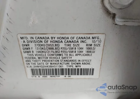 2011 Acura Mdx Technology Package z USA, uszkodzony, nr VIN 2HNYD2H43BH511561